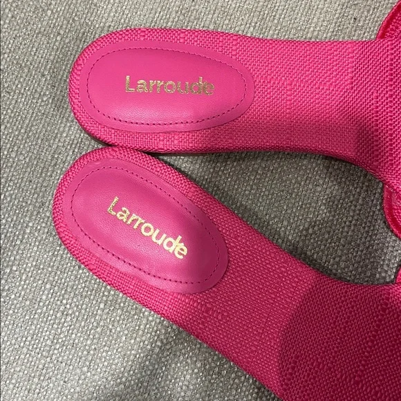 NEW Larroude Ivy Ruffle Slip On Mule Flat SANDALS Size 8.5 Pink Raffia - Picture 5 of 8